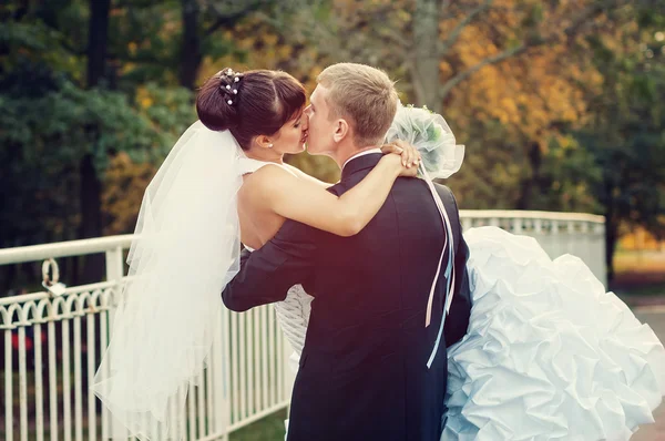 Happy just married couple kissing on the small bridge — Stock Photo, Image