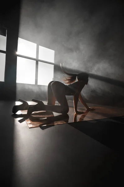 Sexy Blonde Harness Black Cyclorama — Stock Photo, Image