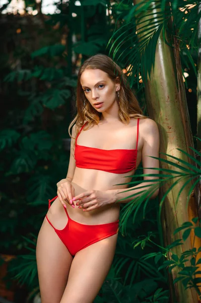 穿着红色泳衣的性感金发女人在绿色热带森林里 — 图库照片