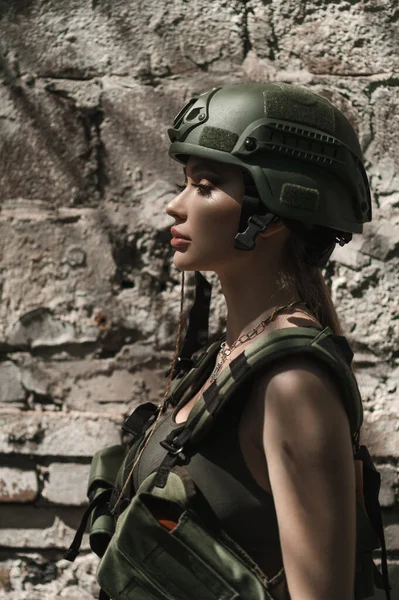 Military Girl Uniform Stone Wall Day — Stockfoto