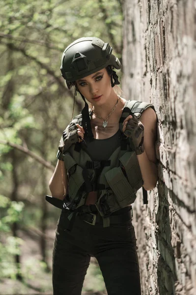 Military Girl Uniform Stone Wall Day — Stok fotoğraf
