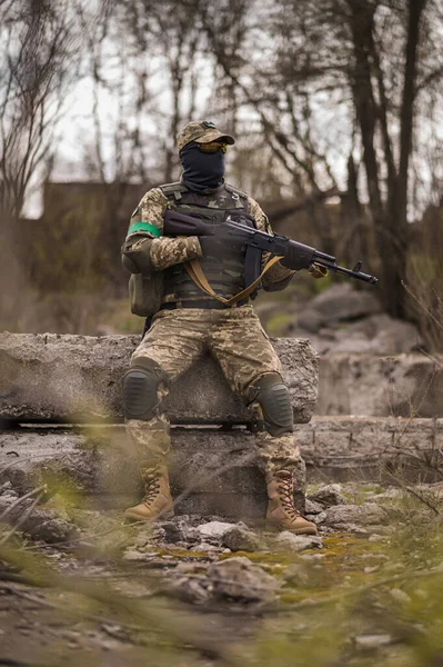 Soldier Armed Forces Ukraine Military Man Tactical Uniforms Machine Gun — Photo
