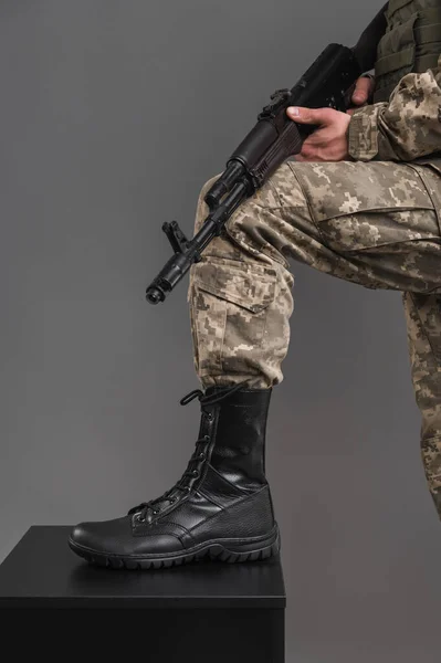 Leather Military Tactical Boots Ukrainian Soldier Gray Background — Fotografia de Stock