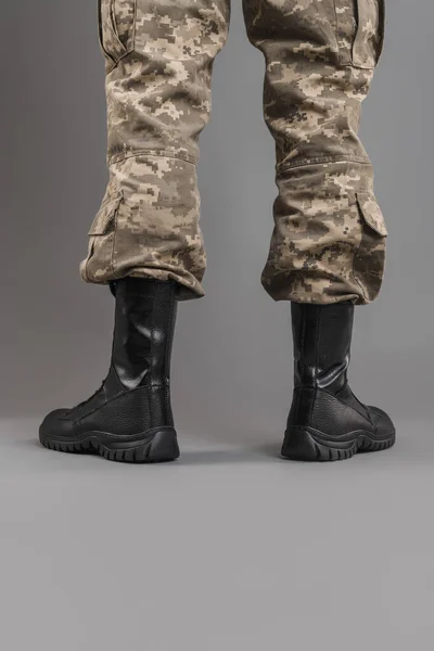 Leather Military Tactical Boots Ukrainian Soldier Gray Background — Stock fotografie