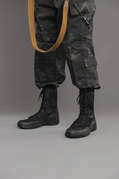 Leather Military Tactical Boots Ukrainian Soldier Gray Background — Photo