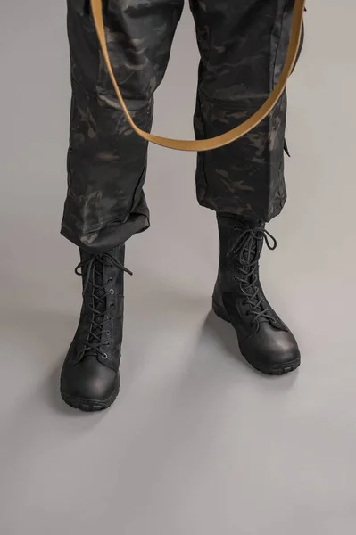 Leather Military Tactical Boots Ukrainian Soldier Gray Background — Photo