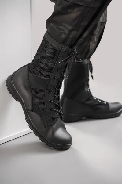 Leather Military Tactical Boots Ukrainian Soldier Gray Background — Stock Fotó
