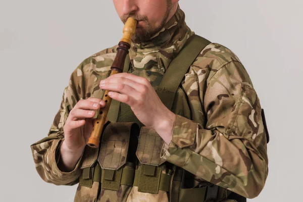 Ukrainian Military Plays Folk Songs Pipe — стокове фото