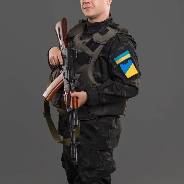 Ukrainian Soldier Uniform Weapons His Hands — Stock Photo, Image