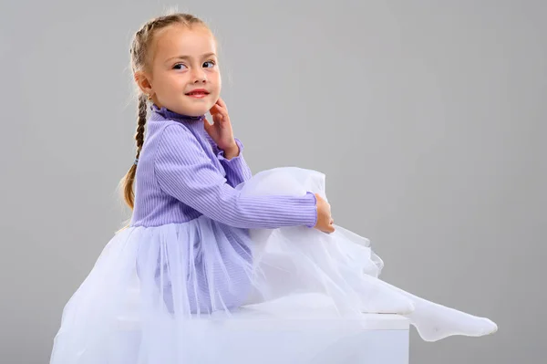 Emotional Little Girl Studio White Background Portrait — Stock Photo, Image