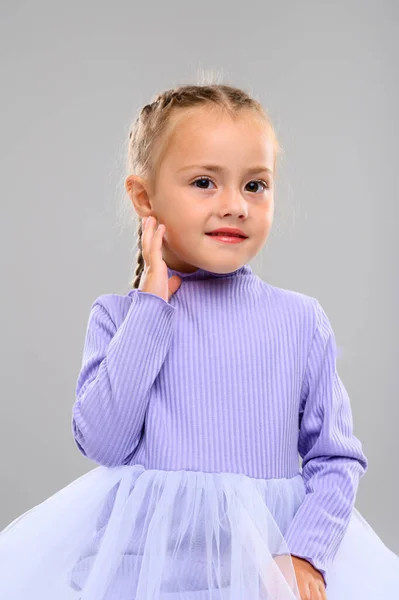 Emotional Little Girl Studio White Background Portrait — Stock Photo, Image