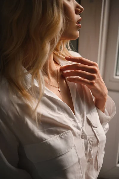 Delicate Sensual Blonde White Silk Blouse Decoration Her Neck — Stock Photo, Image