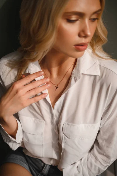 Delicate Sensual Blonde White Silk Blouse Decoration Her Neck — Stock Photo, Image