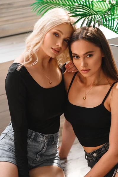 Deux Jeunes Filles Élégantes Belles Avec Des Bijoux Autour Cou — Photo
