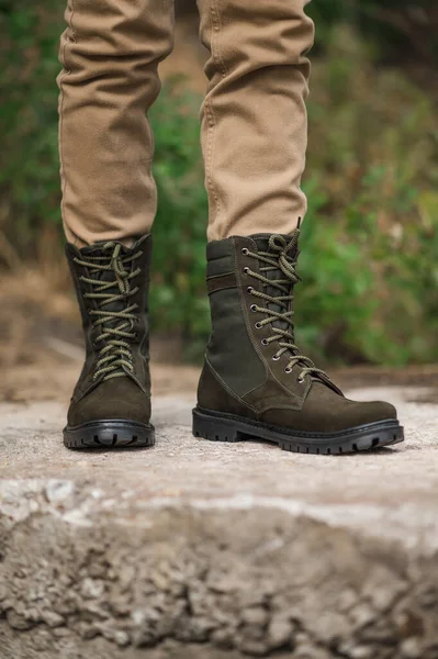 Homem Militar Botas Táticas Couro Verde Escuro — Fotografia de Stock