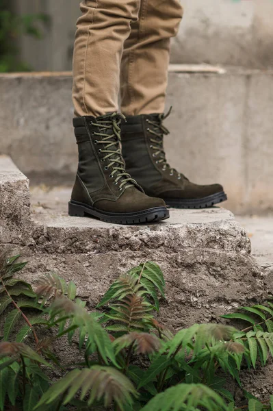 Homem Militar Botas Táticas Couro Verde Escuro — Fotografia de Stock