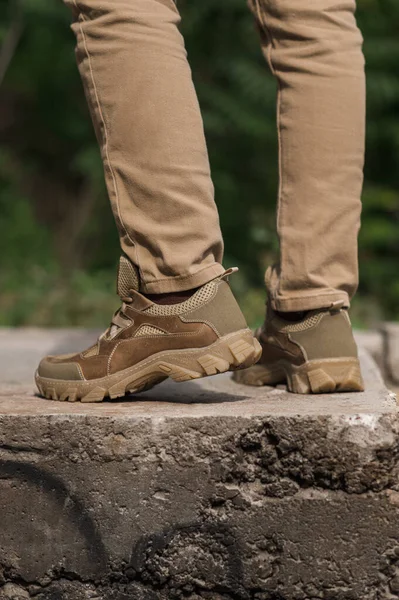 Military Man Beige Leather Tactical Sneakers — 스톡 사진