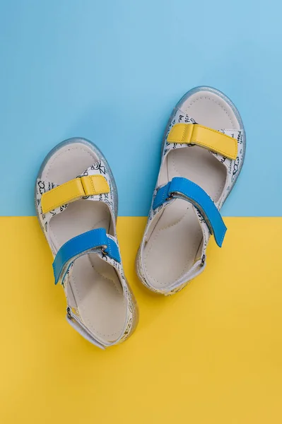 Children\'s leather summer sandals. Velcro patriotic children\'s sandals