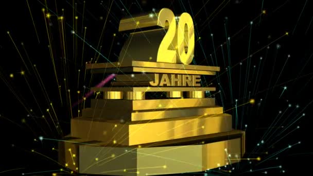 Golden sign "20 tahun" (pada Jerman) dengan kembang api — Stok Video