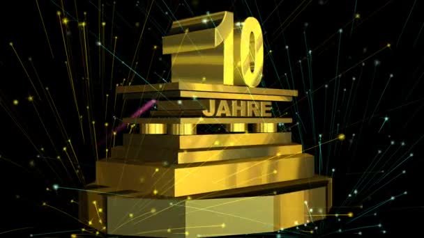 Golden sign "10 years" (on german) with fireworks — Stock Video
