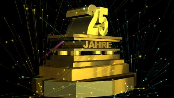 Golden sign "25 years" (on german) with fireworks — Stock Video