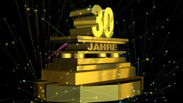 Золотой знак "30 лет" (на немецком языке) с фейерверком — стоковое видео