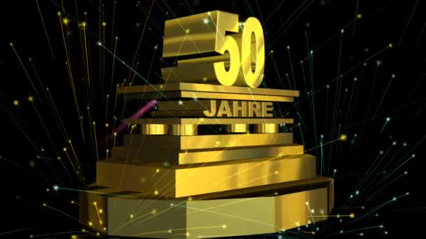 Golden sign "50 years" (on german) with fireworks — Stock Video