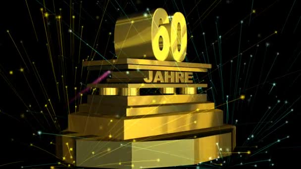 Golden sign "60 years" (on german) with fireworks — Stock Video