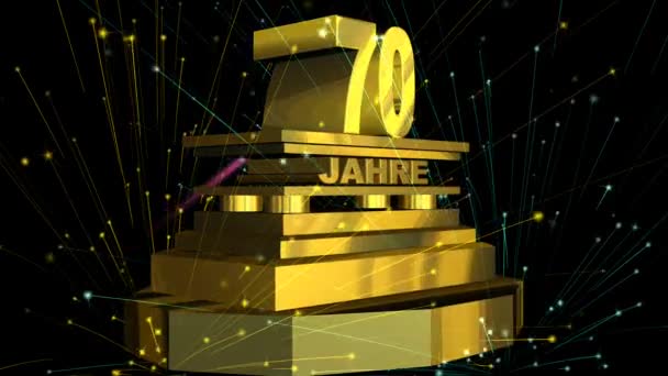 Golden sign "70 years" (on german) with fireworks — Stock Video