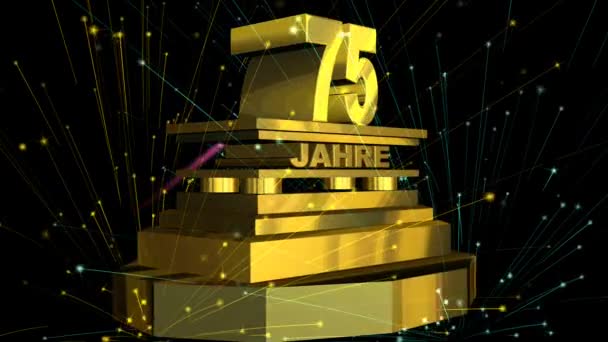 Golden sign "75 years" (on german) with fireworks — Stock Video