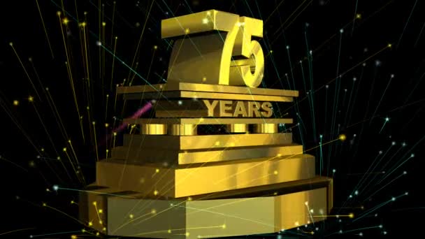 Золотой знак "75 лет" с фейерверком — стоковое видео