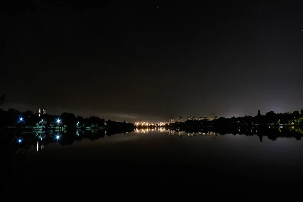 Lake Night City Starry Sky — Stock Photo, Image