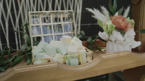 Beautiful decorated candy bar on a wedding — Stock Video