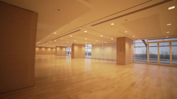 Легкий великий порожній зал з великими вікнами з білими рамами. Великий і легкий порожній зал — стокове відео