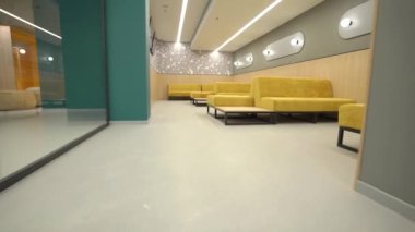 İş merkezinde kanepeleri olan boş modern bekleme odası.