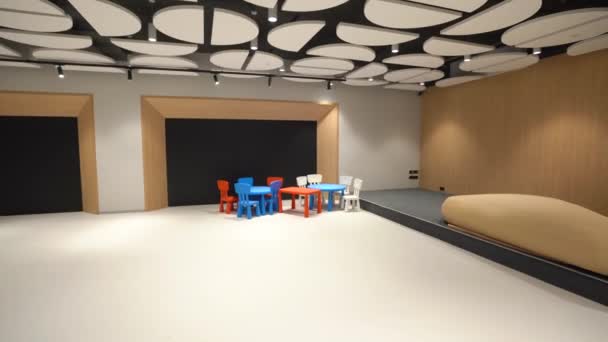 Moderner Business-Saal mit Kinderbereich. Tische für Kinder, die im Business Center auf ihre Eltern warten — Stockvideo