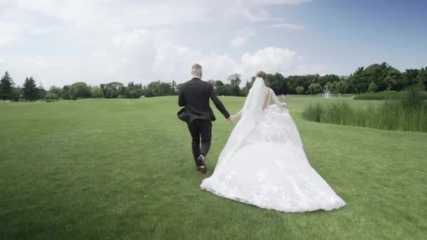 Mariés qui courent ensemble sur le terrain vert, vue arrière — Video