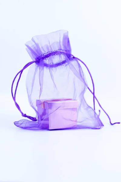 Transparent Violet Pouch Gift Box White Background Stock Picture