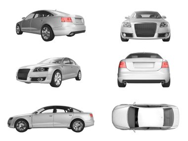 Gümüş audi 3d görüntü altı farklı görünümlerini beyaz zemin üzerine