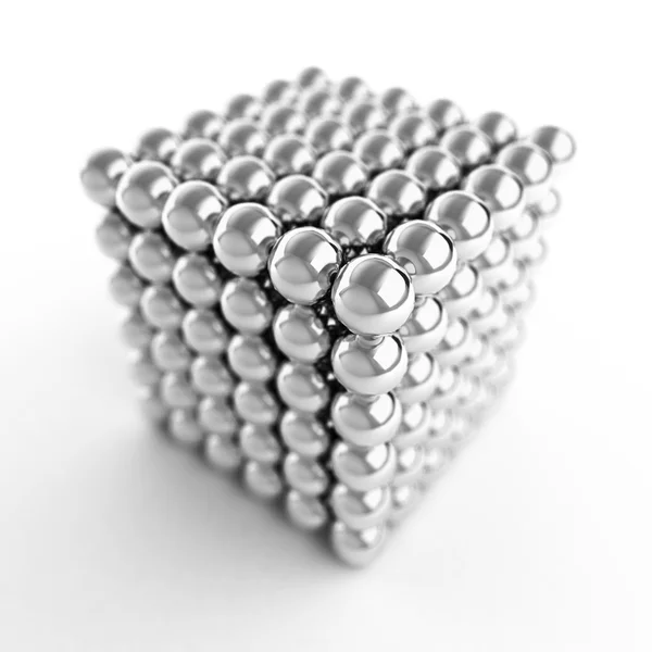 Kub tillverkad i glänsande metall bollar. 3D illustration — Stockfoto
