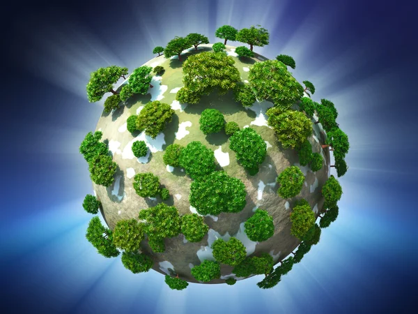 Green planet on radiant sky background — Stock Photo, Image