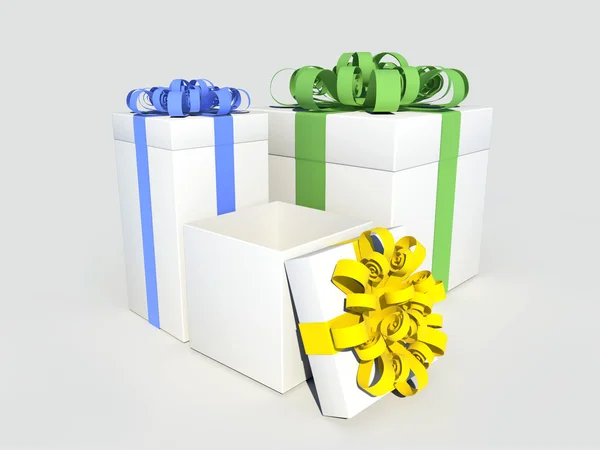 Scatole regalo 3d con archi colorati — Foto Stock