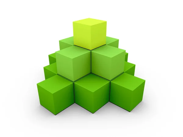 Una pirámide hecha de cajas verdes similares sobre fondo blanco — Foto de Stock