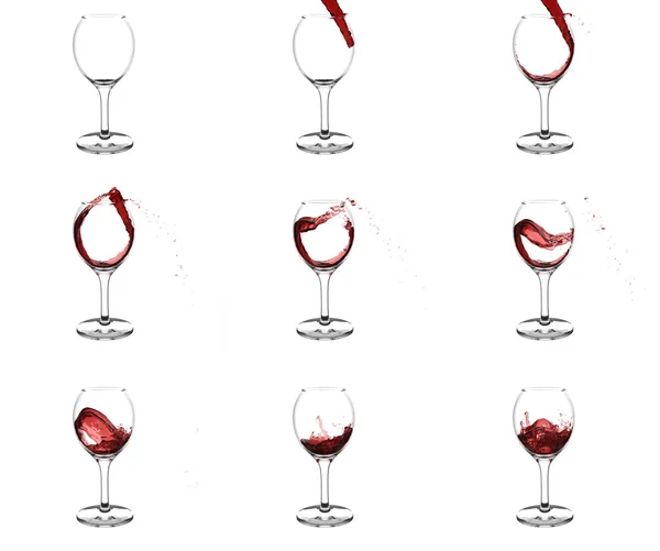 Nine stages of pouring red wine into wine glasses with beautiful curls and splashes on white background — Stock Photo, Image