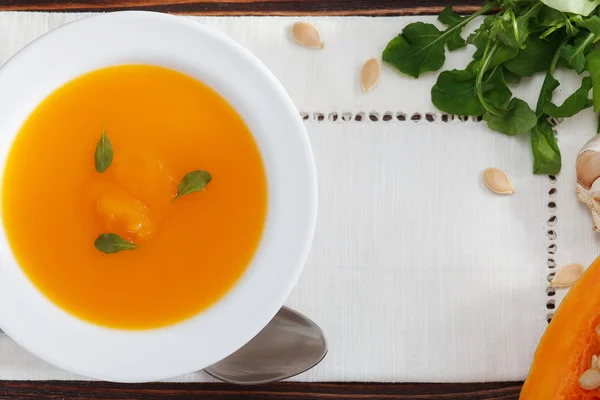 Pumpkin soup in white bowl. Copyspace — Stock Photo, Image