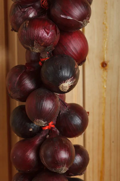 Hanging strings of red onions — Stock Photo, Image
