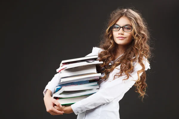 Young cute girl with stack of books — Stock Photo, Image