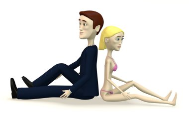 3D render oturan karikatür karakter