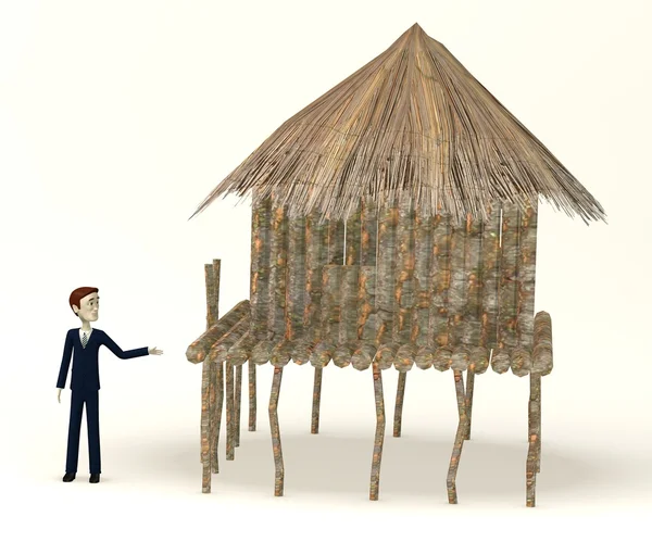 3d render of cartoon businessman with african house — Stock Photo, Image