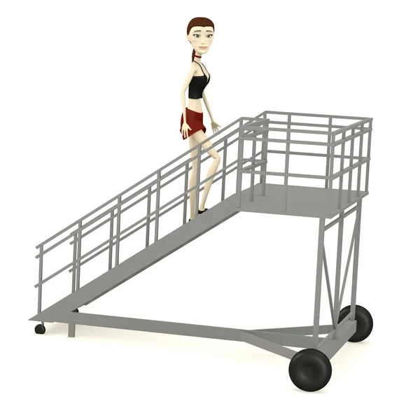 3d renderizado de personaje de dibujos animados en las escaleras del aeropuerto — Foto de Stock